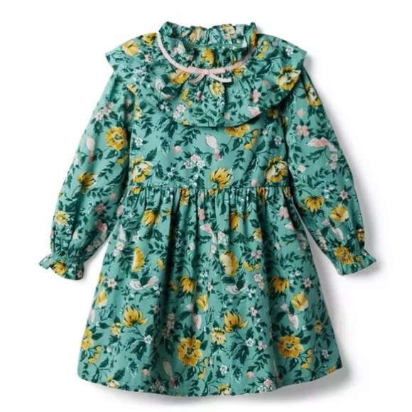 Janie and Jack Floral Ruffle Bow Collar Dress Malachite Green Floral - Picture 1 of 9